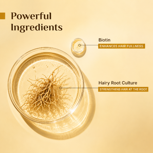 Illustration of hair growth ingredients with Biotin and Hairy Root Culture on a yellow background.
