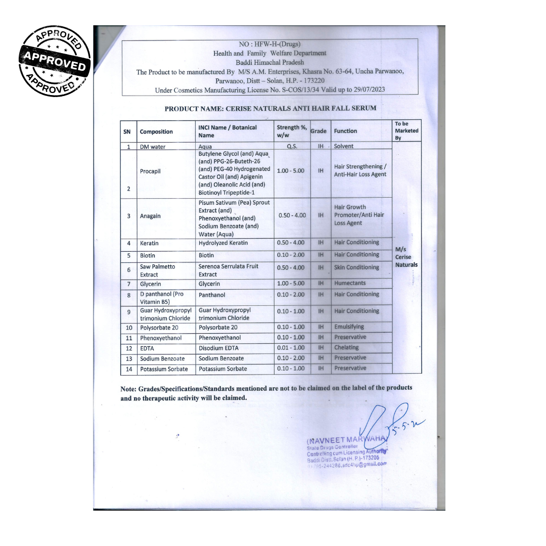anti hair fall serum-health & family welfare deptt. approved