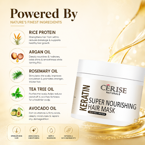 Cerise Naturals Keratin Super Nourishing Hair Mask with ingredients listed on a beige background