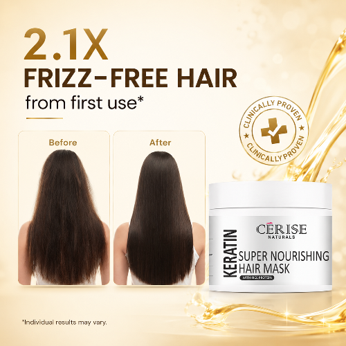 Cerise Naturals Keratin Super Nourishing Hair Mask with before and after hair comparison on a beige background.