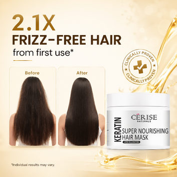 Cerise Naturals Keratin Super Nourishing Hair Mask with before and after hair comparison on a beige background.