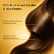 Hair product advertisement with hydrolyzed keratin and rice protein on a yellow background