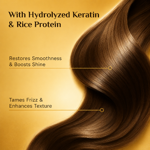 Hair product advertisement with hydrolyzed keratin and rice protein on a yellow background